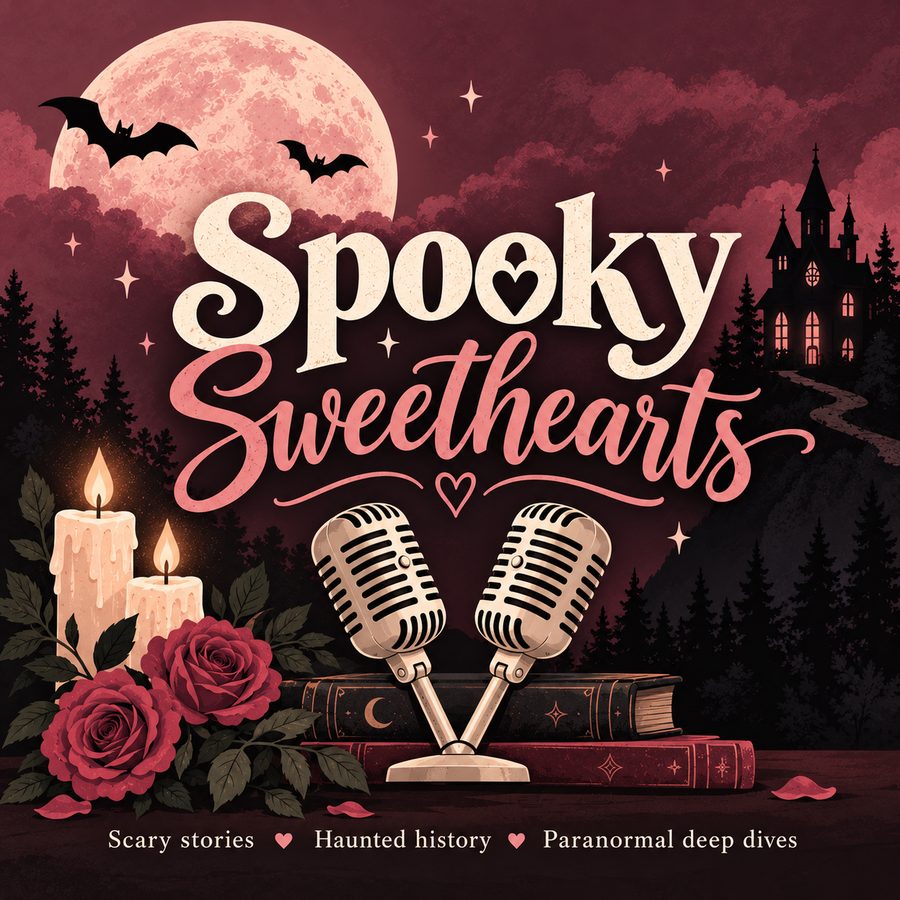 Spooky Sweethearts cover art: two vintage microphones, candles and roses under a pink full moon with a haunted house on a hill